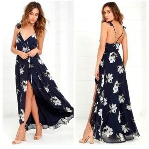 Lulus All Mine Floral Print High-Low Maxi Wrap Dress Navy Blue Womens Small